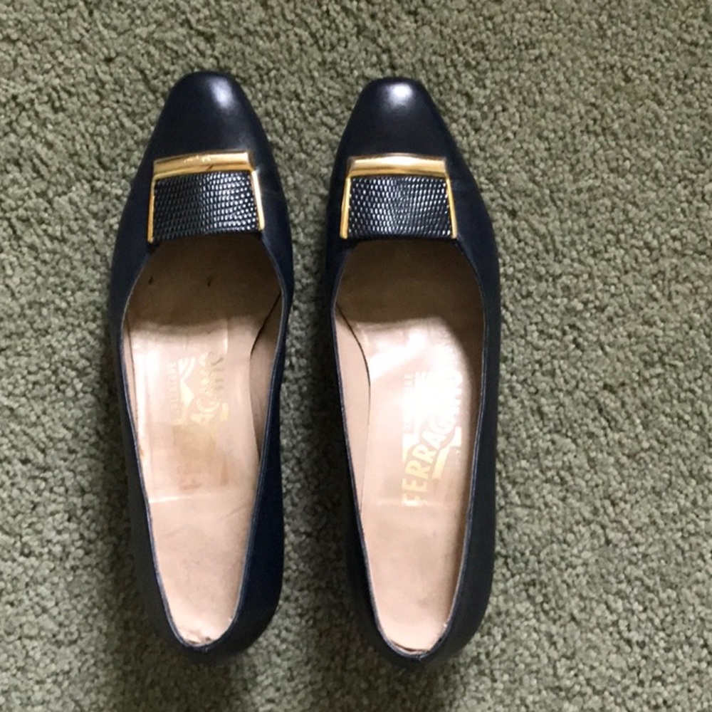 Used pair classic Ferragamo size 6B navy.